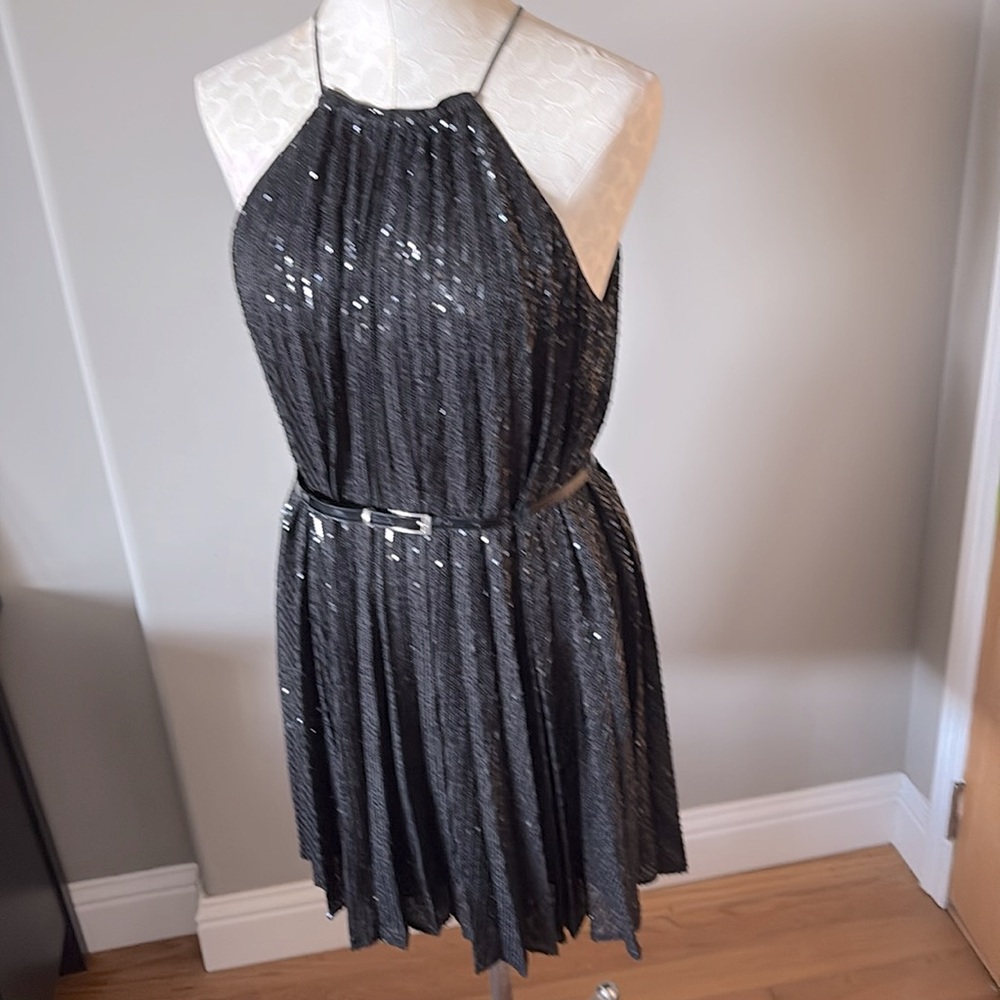 Banana Republic Pleated Black Sequin Halter Dress